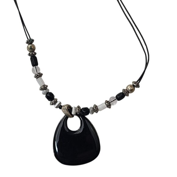 Jewelry - Beaded Black Pendant Statement Necklace  Adjustable Chain Silver-Tone Accents